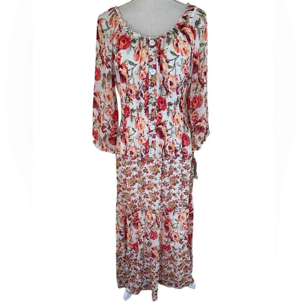 Figueroa & Flower Orange/Cream/Yellow Mixed Floral Print Maxi Dress L